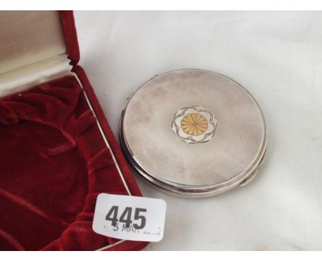 Japanese compact, yellow metal flower motif to cover, 3” dia. contained in a fitted box        