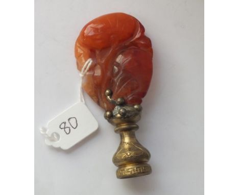Gilt metal item with brown jade terminal of a stork 3" long  