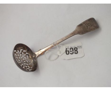 Exeter. Victorian fiddle pattern crested sifter ladle, 1852 by WP 27g.    