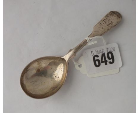 Exeter. Victorian fiddle pattern caddy spoon, 1874 by JW 8g. 