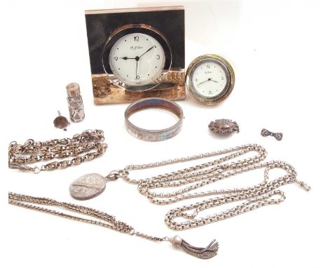 Mixed Lot: modern silver framed travelling clock, import mark, boxed, a small white metal loaded table clock of drum shape, a