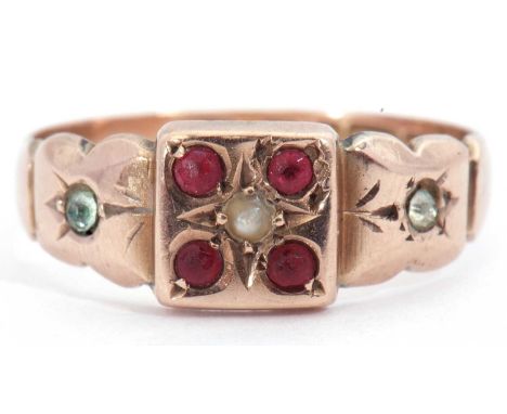 Antique 9ct gold ruby and seed pearl ring, centring a small seed pearl surrounded by four small round cut rubies, between pas