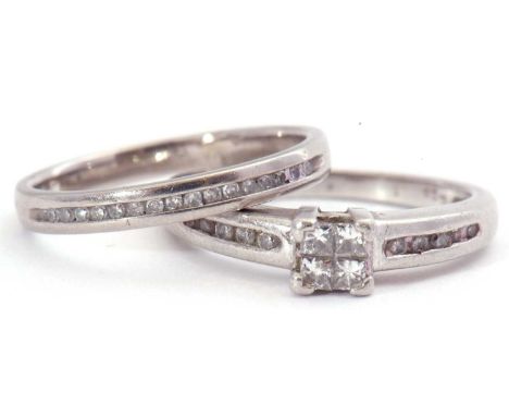 Mixed Lot: platinum and diamond ring centring four small Princess cut diamonds, raised between diamond set shoulders, size J,