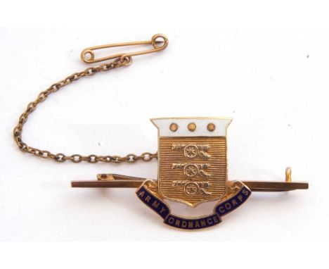 Army Ordnance Corps brooch, blue and white enamel detail, stamped 9ct, 4.5cm long, 3.4gms g/w