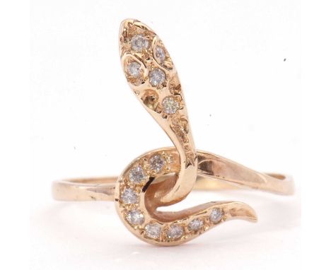 Modern diamond snake ring, the head and tail highlighted with small single cut diamonds, stamped 9ct, size M/N