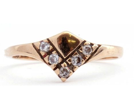 9ct gold and diamond set ring, a V-shaped design featuring six small single cut diamonds, size L/M