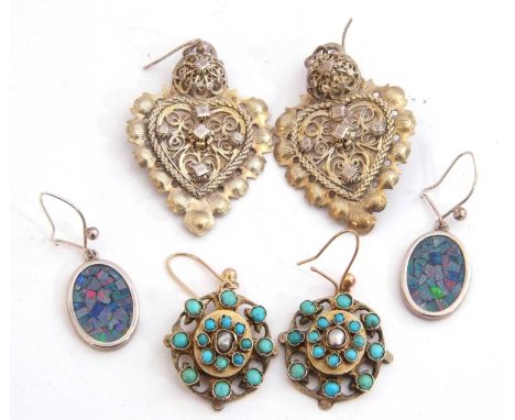 Mixed Lot: vintage turquoise cluster earrings, pair of gilt metal shield shape earrings, together with a pair of opalescent e