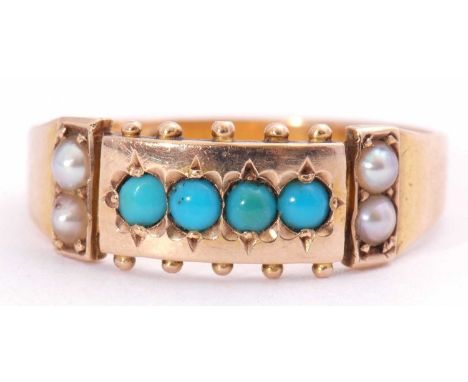 Victorian 15ct gold turquoise and seed pearl ring, featuring a row of four small turquoise between small seed pearl set shoul