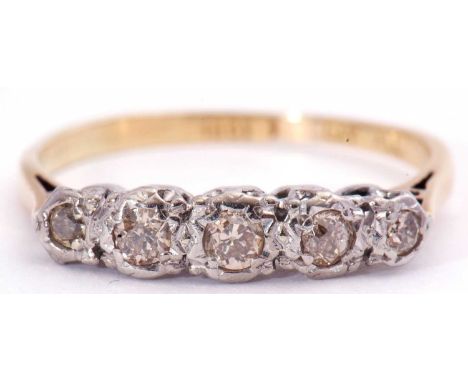 Diamond five stone ring featuring five graduated brilliant cut diamonds, all in illusion settings, stamped 18ct, size V