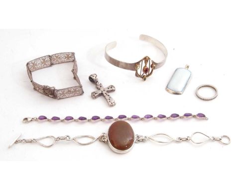 Mixed Lot: 925 stamped filigree bracelet, two modern 925 stone set bracelets, similar pendant and a 925 cubic zirconia eterni