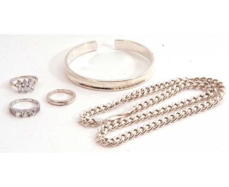 Mixed Lot: modern Italian white metal curb link necklace, marked 925, two 925 paste set rings, together with an  unmarked tur