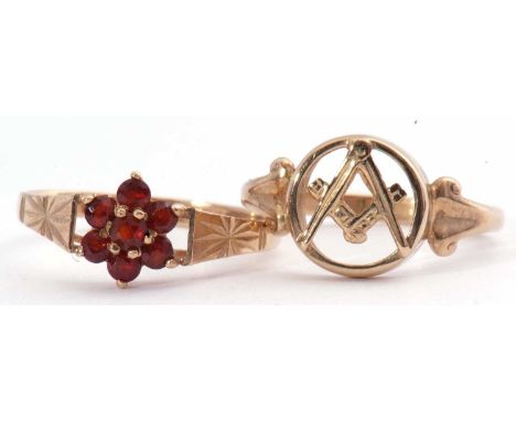 Mixed Lot: 9ct gold Masonic ring of open work design with compass and ruler motif, size M, a 9ct gold and garnet flowerhead c