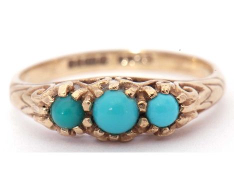 9ct gold turquoise three stone ring featuring three round cabochon turquoises, all in a scroll pierced gallery, size M