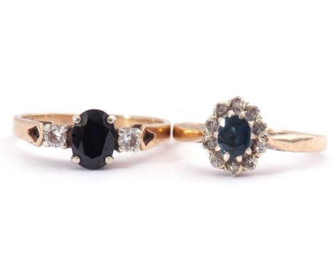 Mixed Lot: 9ct gold sapphire and diamond three stone ring, the oval shaped sapphire between two small brilliant cut diamonds,