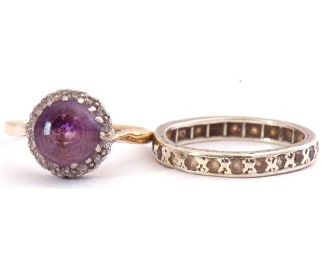 Mixed Lot: an amethyst and diamond ring, the round faceted amethyst raised within a small diamond point surround, stamped 18c