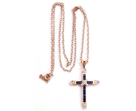 9ct gold sapphire and diamond cross pendant, 3.5 x 2cm, the cross set with calibre cut pave sapphires and highlighted with sm