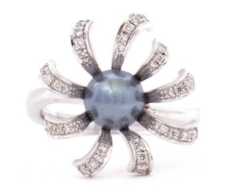 Modern Tahitian grey split pearl and diamond cluster ring, the centre grey pearl 8mm diam within a diamond set petal surround