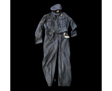 Second World War RAF aircrew blouse, trousers and cap. Two front pockets and patches. Internal label for Suits Aircrew Size N