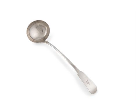 A HEAVY IRISH GEORGE III SILVER FIDDLE PATTERN SOUP LADLE, Dublin 1813, mark of James Scott, retailed by William Law, the ter