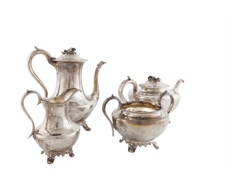 A VICTORIAN SILVER FOUR PIECE TEA AND COFFEE SERVICE, London 1844, mark of Joseph Angell I & Joseph Angell II, comprising tea