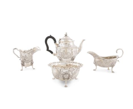 AN IRISH FOUR PIECE SILVER TEA SERVICE, Dublin 1977, mark of Alwright & Marshall, comprising teapot, cream jug, sugar bowl an