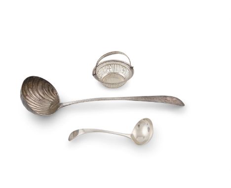 AN IRISH POINT HANDLE BRIGHT CUT LADLE, Dublin 1904, mark of John Smith, with shell bowl and star terminal. 35cm; together wi