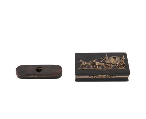 A LATE 19TH CENTURY TORTOISESHELL AND GILT METAL SNUFF BOX, of rectangular form, the cover applied with the depiction of a ho