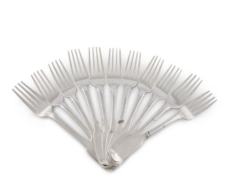 A SET OF SEVEN IRISH REGENCY HANOVERIAN FIDDLE PATTERN SILVER DINNER FORKS, Dublin 1818, mark of Philip Weekes, crested to th