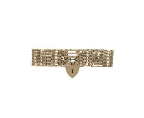 A GOLD BRACELET WITH HEART-SHAPED PADLOCK, of gate style bracelet with safety chain, stamped 9K gold, length approx. 20cm, to