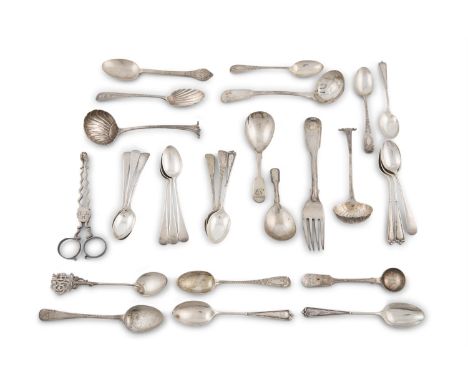 A COLLECTION OF NOVELTY SILVER TEASPOONS AND CADDY SPOONS, various dates and makers; and a Georgian silver sugar nips, probab