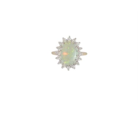 AN OPAL AND DIAMOND CLUSTER RING, the oval-shaped opal, within a surround of round brilliant-cut diamonds, mounted in gold, r