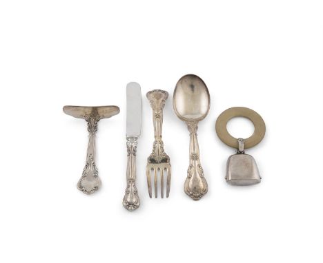 A CASED SILVER FANCY BACK CHRISTENING SET, Birmingham import marks, comprising knife, fork, spoon, teether and rattle, (c.93g
