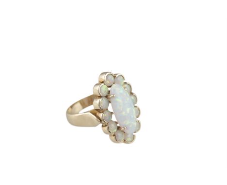 AN OPAL BRACELET AND RING SET, bracelet set with cabochon-shaped opals, stamped 14ct gold, length approx. 20.5cm, ring with e