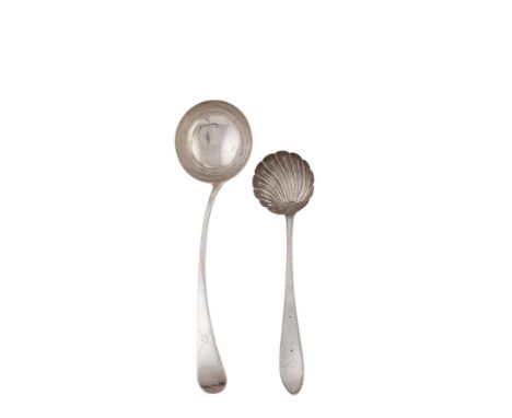 A MINIATURE GEORGE III IRISH SILVER SOUP LADLE, Dublin 1763, mark of Michael Keating, the plain pointed taper handle with a b