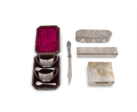 A FRENCH WHITE METAL OBLONG TOBACCO BOX, Paris 19th Century, embossed with village scenes and portrait medallions, 16 x 5 x 3