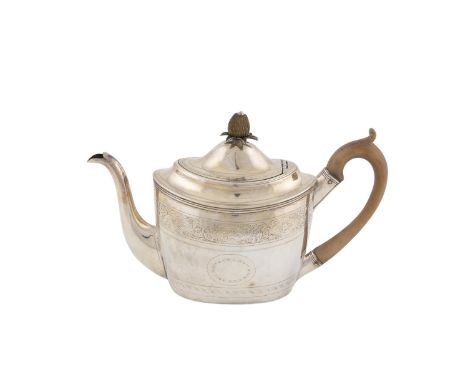 A FINE GEORGE III BRIGHT CUT SILVER TEAPOT, London 1803, mark of William, Peter and Ann Bateman, of oval form, the hinged lid