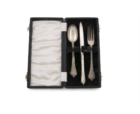 A CASED SILVER CHRISTENING SET, Birmingham 1947 & 1948, mark of Elkington & Co. Ltd, comprising fork, knife and spoon, each w