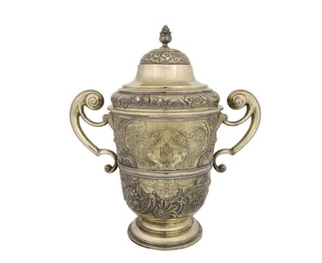 A LARGE GEORGE I IRISH SILVER GILT TWO HANDLED PRESENTATION CUP AND COVER, Dublin 1715, mark of Anthony Stanley,  the domed c