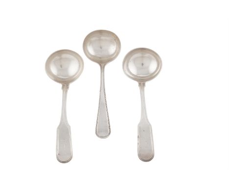 A PAIR OF IRISH GEORGE III DOUBLE THREADED FIDDLE PATTERN SAUCE LADLES, Dublin 1810, mark of Thomas Townsend, the terminals e