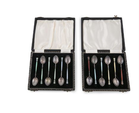TWO CASED SETS OF SIX CONTINENTAL 800 STANDARD AND ENAMEL NOVELTY COFFEE SPOONS