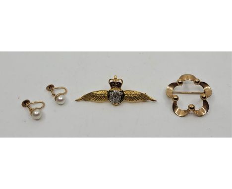 A 9ct. gold, enamel and diamond set RAF sweetheart brooch, width 5.1cm (gross weight 4.9g), together with a 9ct. gold brooch,