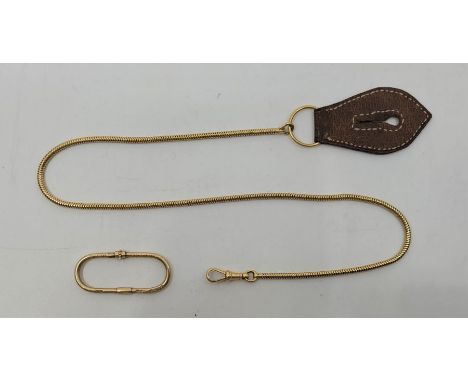 An 18ct. gold snake chain, fitted leather button clasp to one end, length ex. leather clasp 42cm (gross weight 24g), together