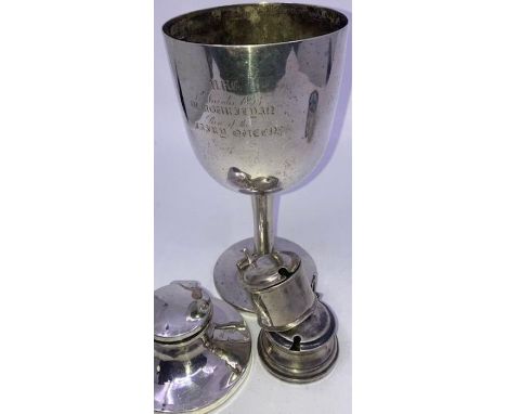 A silver trophy cup, silver capstan inkwell and other silver items total gross 400g