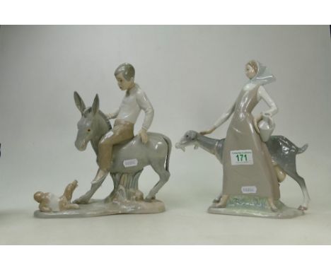 Lladro: figure of girl with goat, together with similar item. Damage to Donkeys ear. Height of both approx 28cm. (2) 