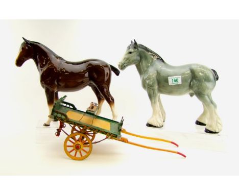 Two Melba ware large horse figures: with a wooden horse drawn trap (3). 