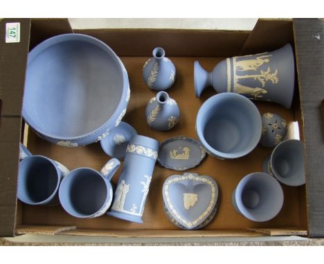 Wedgwood Jasper ware Bowl: pair of vases, pin trays, mugs, planter etc ( 1 tray) 
