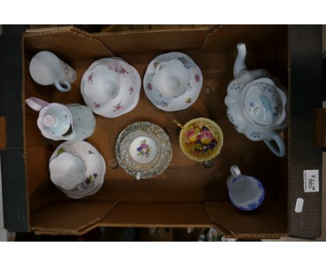 Shelly Rose Spray Trio: violets trio, Rose pansy and forget me knots cup &amp; saucer, Blue rock teapot, Aynsley gold cup etc