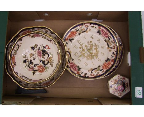 A collection of Masons Blue Mandaley: to include large fruit bowl, smaller bowl, clock, wall plate together with a masons tri