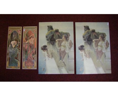 A pair of large printed classical scene tiles: together with six fire surround tiles (8) 