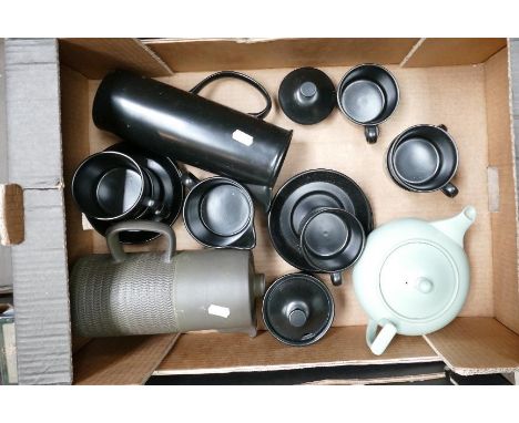 A collection of Wedgwood: stylized mid century coffee set together with similar Celarom tea pot and Denby item ( 1 tray) 